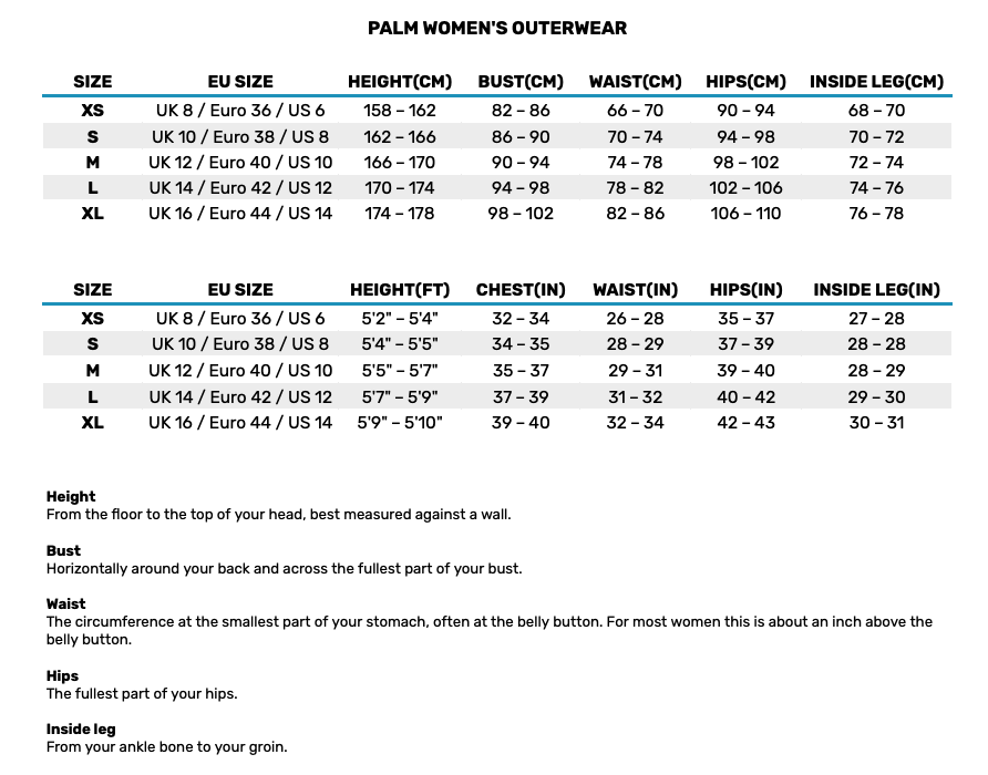 2025 Palm Womens Outerwear 0 Size Chart